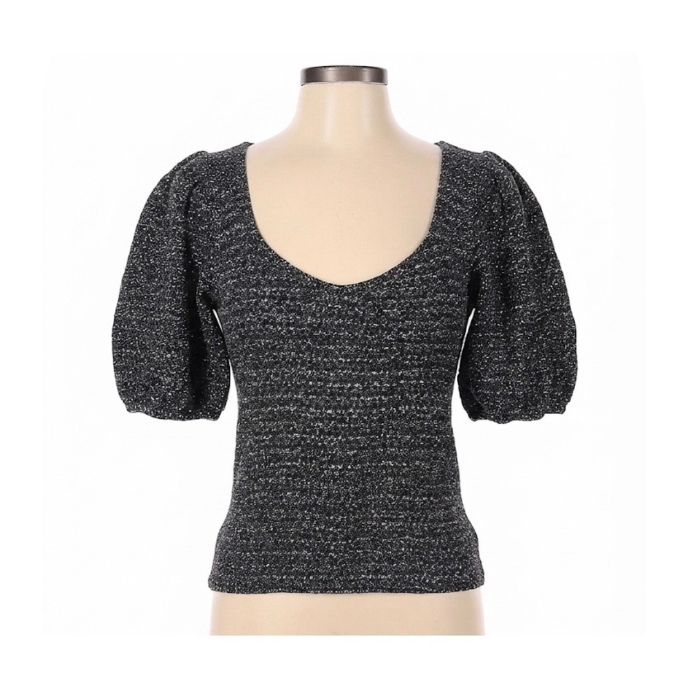 Nation LTD Women Black White Pima Cotton Puff Sleeve V-Neck Textured Top Size M